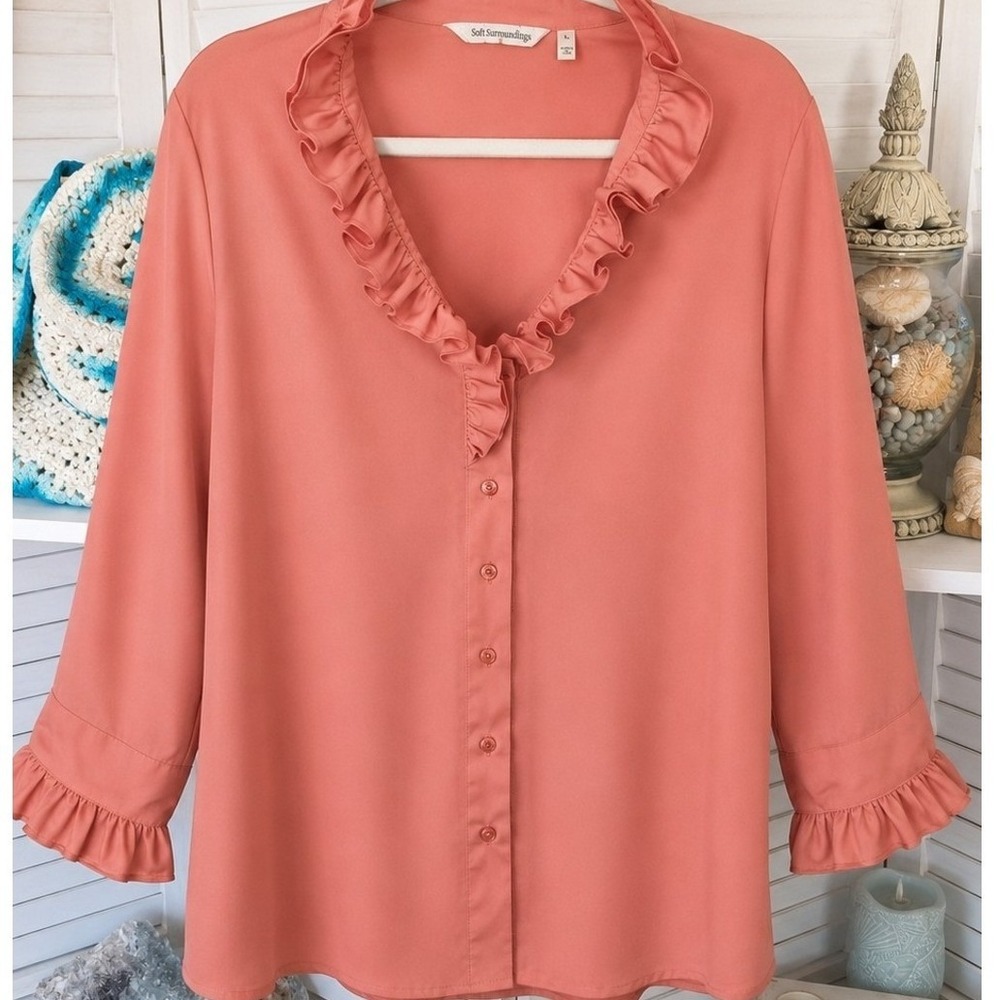 Soft Surroundings Coral Ruffle Mock Neck Blouse Size XL Pink Button Front Top